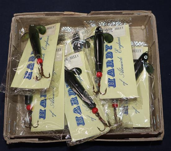 Two boxes of vintage Hardy Yellow Belly lures in original carded cellophane, size 1 and 2.25in.